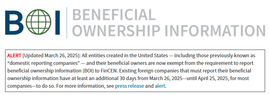 Corporate Transparency Act (April 3, 2025 Update) 1 Screenshot BOI Alerts on FinCEN official website